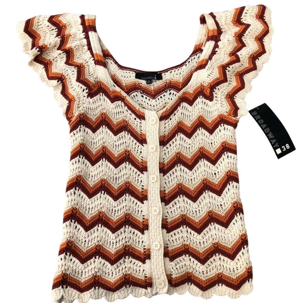 Broadway 38 Crochet Knit Button-Down Cardigan Top Chevron Pattern Short Sleeve